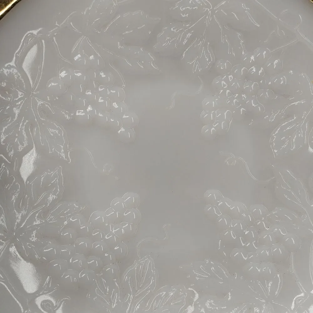 Anchor‎ Hocking Grape Leaves Milk Glass Low Pedestel Square Bowl With Gold Trim